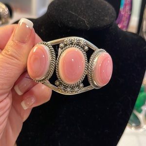 Navajo pink conch cuff with 3 stones, 6.5”, signed by Ray Delgarito, sterling